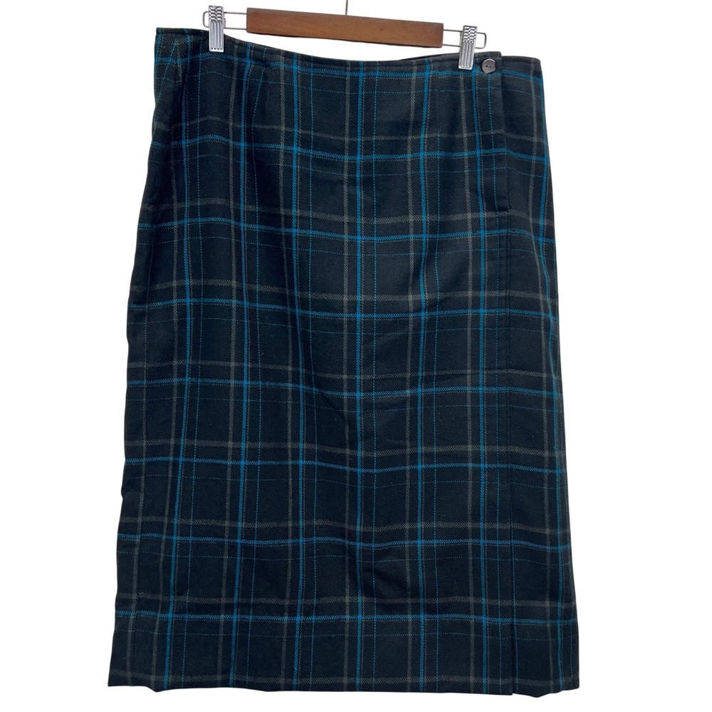 Cato Plaid Check Midi Skirt Women Size 14 Black Blue Black Lined 100% Acrylic